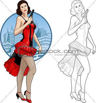 Retro brunette girl in red and black with a gun