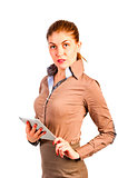 beautiful businesswoman in a shirt with the device