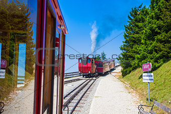 Steam locomotive of a vintage cogwheel railway going to Schafber