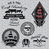 set of labels for Butcher on brick wall