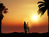 Surfer in tropical landscape