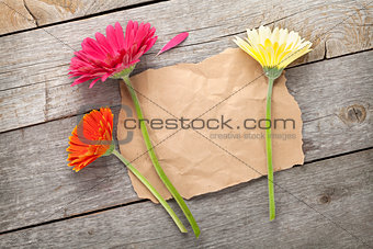 Three colorful gerbera flowers with paper for copy space
