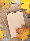 Blank notepad and colorful autumn maple leaves