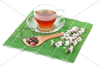 Japanese green tea and sakura branch over bamboo mat