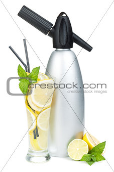 Glass with homemade lemonade and siphon
