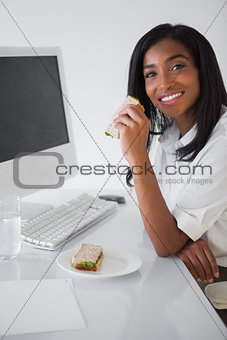 Pretty businesswoman having a sandwich at her desk
