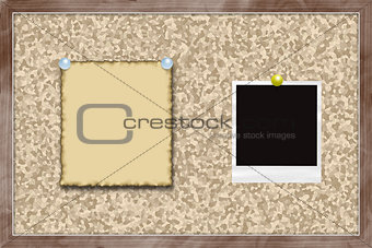 Cork board with note and photo card.