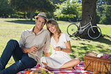 Cute couple drinking white wine on a picnic