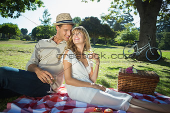 Cute couple drinking white wine on a picnic smiling at each other