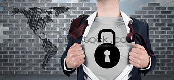Composite image of businessman opening shirt in superhero style