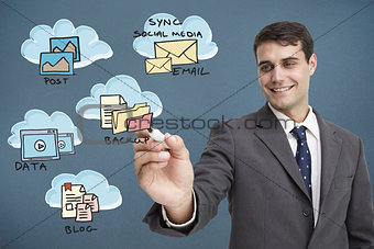 Composite image of businessman writing flowchart