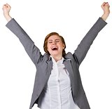 Excited redhead businesswoman cheering