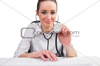 Businesswoman running computer diagnostics