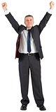 Mature businessman cheering with arms up