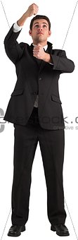 Young businessman standing and pulling