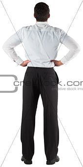 Businessman standing back to the camera with hands on hips