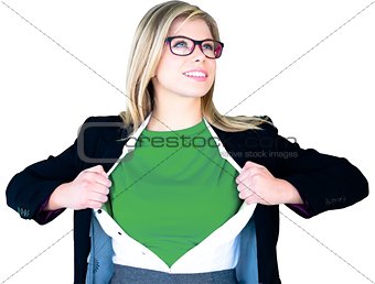 Businesswoman opening shirt in superhero style