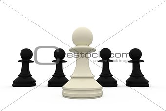 White chess pawn standing with black pieces
