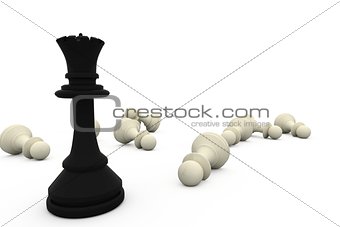 Black queen standing among fallen white pieces