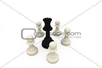 Black queen surrounded by white pawns
