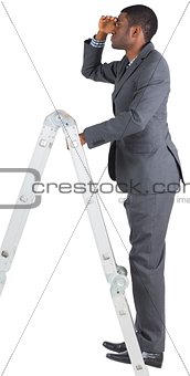 Businessman standing on ladder looking