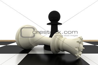 Black pawn standing over fallen white queen