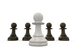 White pawn standing in front of black pawns