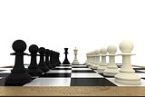 White and black pawns facing off with king and queen