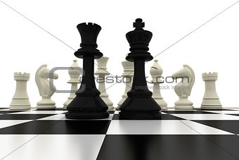 Black king and queen standing in front of white pieces