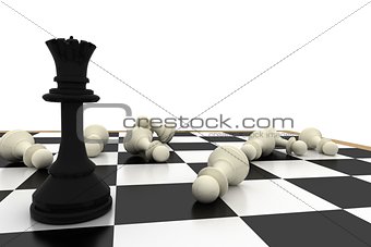 Black queen standing with fallen white pawns