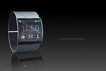 Futuristic black wristwatch with time and menu