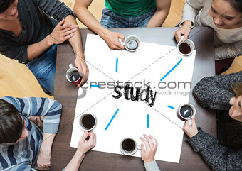 Study on page with people sitting around table drinking coffee