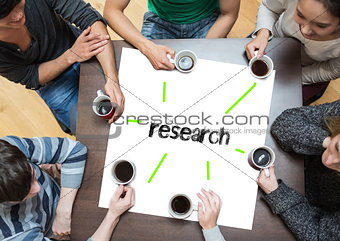 Research on page with people sitting around table drinking coffee