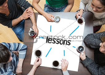Lessons on page with people sitting around table drinking coffee