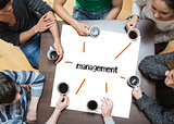 Management on page with people sitting around table drinking coffee
