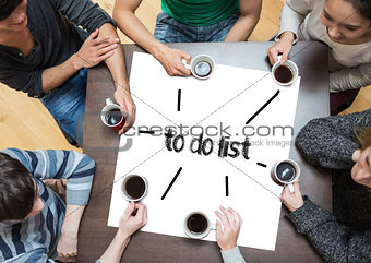 To do list on page with people sitting around table drinking coffee