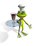 frog with a glass of wine on a tray
