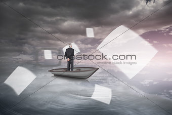 Composite image of rear view of mature businessman posing in a boat