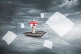 Composite image of attractive businesswoman holding red umbrella in a boat