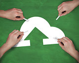 Composite image of multiple hands writing cloud computing icon with chalk
