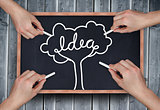 Composite image of multiple hands drawing idea tree with chalk
