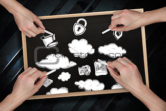 Composite image of multiple hands drawing clouds with chalk