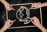 Composite image of multiple hands drawing globe with chalk
