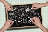Composite image of multiple hands drawing brainstorm with chalk