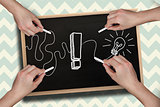 Composite image of multiple hands drawing exclamation mark with chalk
