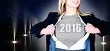 Composite image of businesswoman opening shirt in superhero style