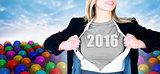 Composite image of businesswoman opening shirt in superhero style
