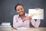 Happy teacher holding page showing counselling courses