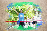 Composite image of racer crossing finishing line