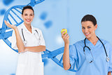 Composite image of happy female medical team